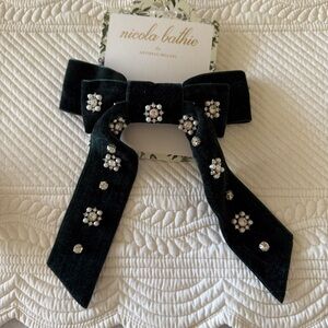 Nicola Bathie Dark Green Velvet Bow with Pearl and Rhinestone Embellishments